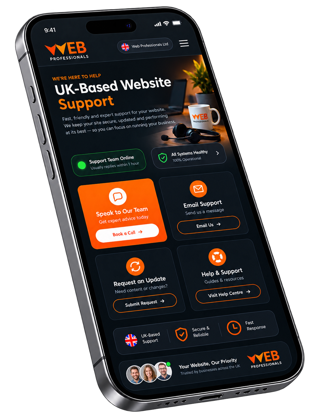 Web Professionals UK-based website support shown on a mobile phone